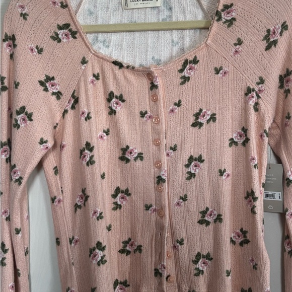 NWT Lucky Brand Pointelle Floral Pink Long Sleeve Button Up Cottagecore Shirt - Picture 12 of 14